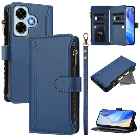 For Xiaomi Redmi Note 13 4G Leather Case 9 Card Slots Zipper Wallet Stand Phone Cover with Wrist Strap
