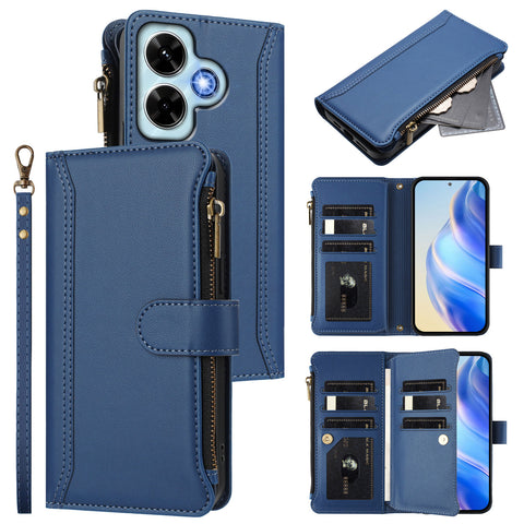 For Xiaomi Redmi Note 13 4G Leather Case 9 Card Slots Zipper Wallet Stand Phone Cover with Wrist Strap