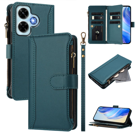 For Xiaomi Redmi Note 13 4G Leather Case 9 Card Slots Zipper Wallet Stand Phone Cover with Wrist Strap