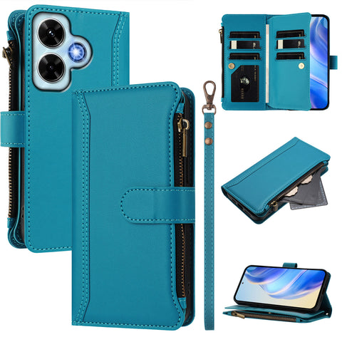 For Xiaomi Redmi Note 13 4G Leather Case 9 Card Slots Zipper Wallet Stand Phone Cover with Wrist Strap