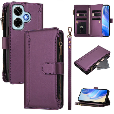 For Xiaomi Redmi Note 13 4G Leather Case 9 Card Slots Zipper Wallet Stand Phone Cover with Wrist Strap