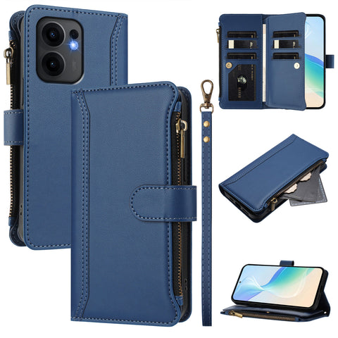 For Oppo Reno13 F 5G (Reno 13 FS 5G) / 4G Leather Case 9 Card Slots Zipper Wallet Stand Phone Cover with Wrist Strap