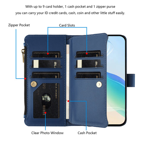 For Oppo Reno13 F 5G (Reno 13 FS 5G) / 4G Leather Case 9 Card Slots Zipper Wallet Stand Phone Cover with Wrist Strap