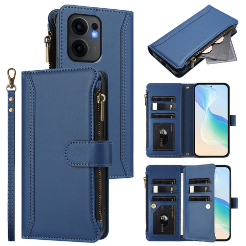 For Oppo Reno13 F 5G (Reno 13 FS 5G) / 4G Leather Case 9 Card Slots Zipper Wallet Stand Phone Cover with Wrist Strap