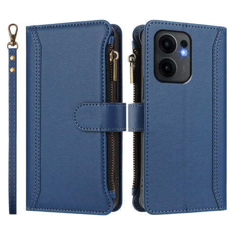 For Oppo Reno13 F 5G (Reno 13 FS 5G) / 4G Leather Case 9 Card Slots Zipper Wallet Stand Phone Cover with Wrist Strap