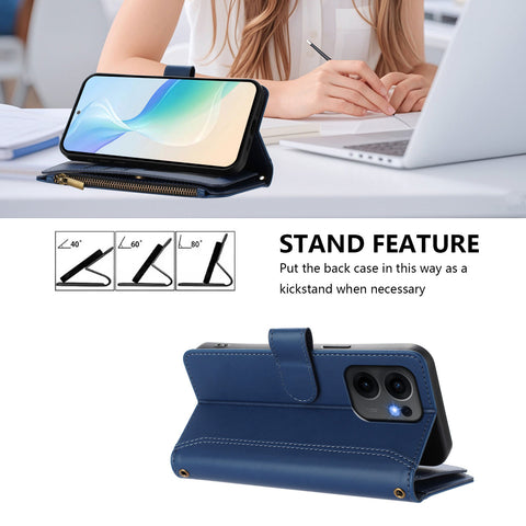 For Oppo Reno13 F 5G (Reno 13 FS 5G) / 4G Leather Case 9 Card Slots Zipper Wallet Stand Phone Cover with Wrist Strap