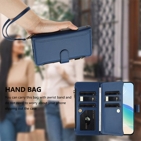 For Oppo Reno13 F 5G (Reno 13 FS 5G) / 4G Leather Case 9 Card Slots Zipper Wallet Stand Phone Cover with Wrist Strap