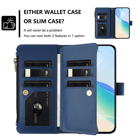 For Oppo Reno13 F 5G (Reno 13 FS 5G) / 4G Leather Case 9 Card Slots Zipper Wallet Stand Phone Cover with Wrist Strap