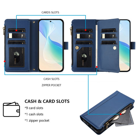 For Oppo Reno13 F 5G (Reno 13 FS 5G) / 4G Leather Case 9 Card Slots Zipper Wallet Stand Phone Cover with Wrist Strap