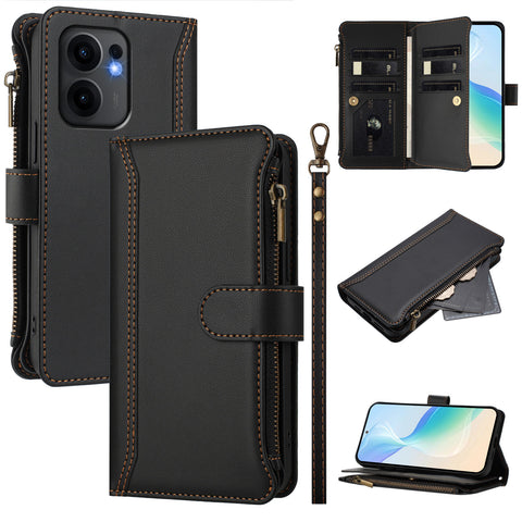 For Oppo Reno13 F 5G (Reno 13 FS 5G) / 4G Leather Case 9 Card Slots Zipper Wallet Stand Phone Cover with Wrist Strap
