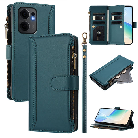 For Oppo Reno13 F 5G (Reno 13 FS 5G) / 4G Leather Case 9 Card Slots Zipper Wallet Stand Phone Cover with Wrist Strap
