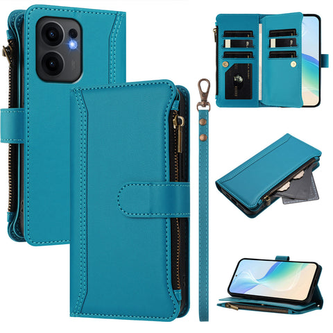 For Oppo Reno13 F 5G (Reno 13 FS 5G) / 4G Leather Case 9 Card Slots Zipper Wallet Stand Phone Cover with Wrist Strap