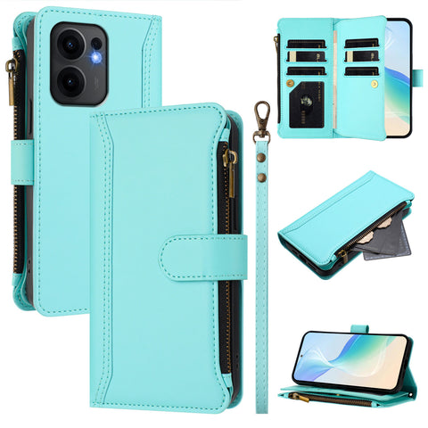 For Oppo Reno13 F 5G (Reno 13 FS 5G) / 4G Leather Case 9 Card Slots Zipper Wallet Stand Phone Cover with Wrist Strap