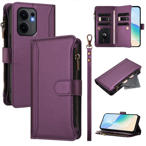 For Oppo Reno13 F 5G (Reno 13 FS 5G) / 4G Leather Case 9 Card Slots Zipper Wallet Stand Phone Cover with Wrist Strap