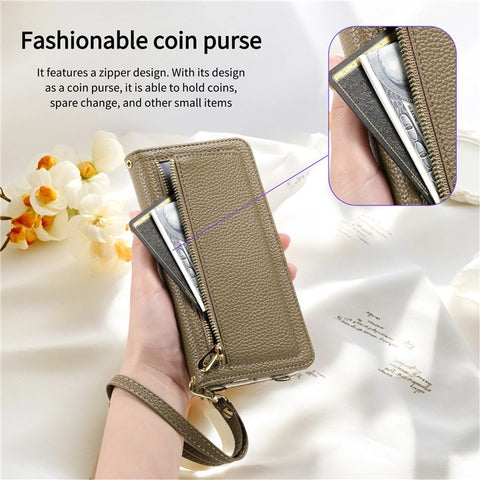 ESEBLE E11 For Samsung Galaxy S23 Ultra Case Zipper Pocket Litchi Texture Leather Phone Cover with Mirror and Wrist Strap