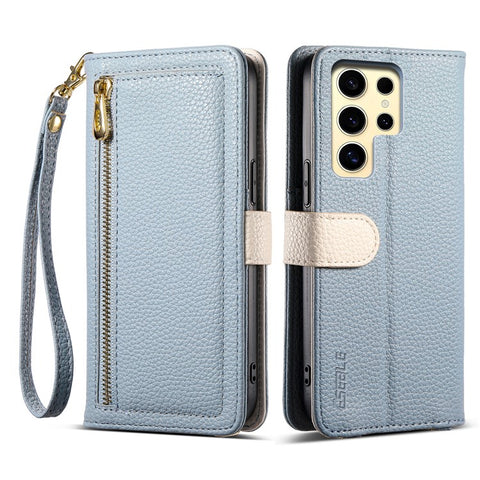 ESEBLE E11 For Samsung Galaxy S23 Ultra Case Zipper Pocket Litchi Texture Leather Phone Cover with Mirror and Wrist Strap