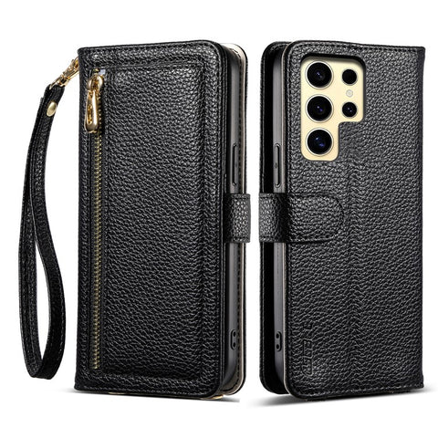 ESEBLE E11 For Samsung Galaxy S23 Ultra Case Zipper Pocket Litchi Texture Leather Phone Cover with Mirror and Wrist Strap