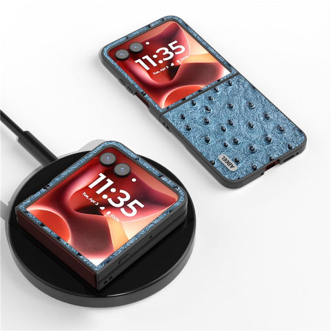 ABEEL For Motorola Razr 70 Ultra / 60 Ultra 5G / Razr Ultra 2026 5G / 2025 5G Case Electroplating Ostrich Texture Genuine Cow Leather Back Cover