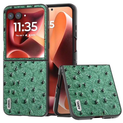 ABEEL For Motorola Razr 70 Ultra / 60 Ultra 5G / Razr Ultra 2026 5G / 2025 5G Case Electroplating Ostrich Texture Genuine Cow Leather Back Cover