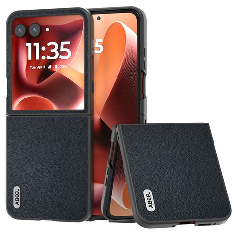 ABEEL Black Edge Case for Motorola Razr 70 Ultra / 60 Ultra 5G / Razr Ultra 2026 5G / 2025 5G Genuine Cow Leather PC Phone Cover