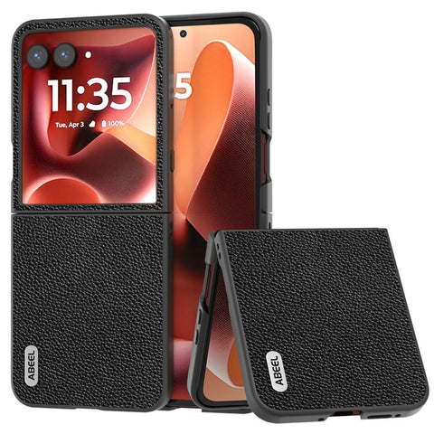 ABEEL Litchi Texture Case for Motorola Razr 70 Ultra / 60 Ultra 5G / Razr Ultra 2026 5G / 2025 5G Genuine Cow Leather + PC Phone Cover