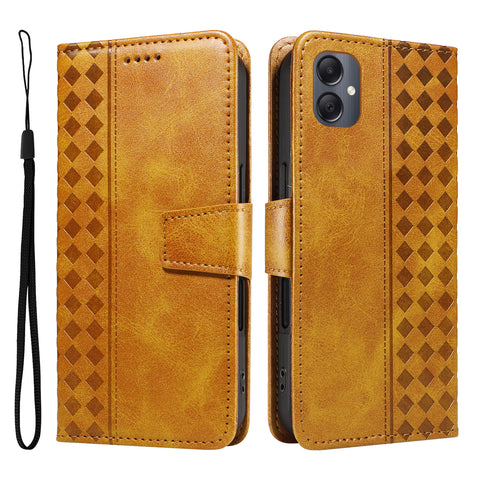 For Samsung Galaxy A07 4G / A06 4G / A06 5G Leather Case Wallet Stand Grids Imprinted Phone Cover with Strap