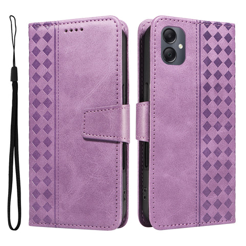 For Samsung Galaxy A07 4G / A06 4G / A06 5G Leather Case Wallet Stand Grids Imprinted Phone Cover with Strap