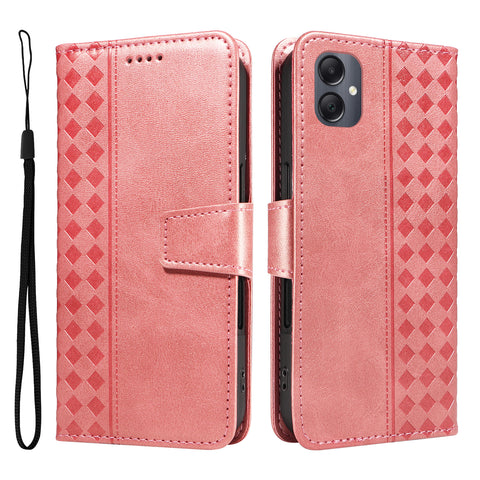 For Samsung Galaxy A07 4G / A06 4G / A06 5G Leather Case Wallet Stand Grids Imprinted Phone Cover with Strap
