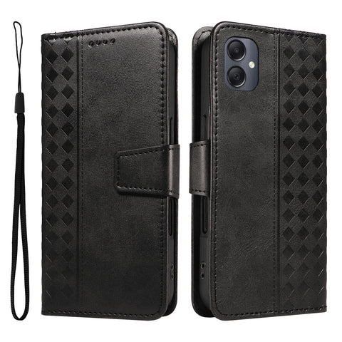 For Samsung Galaxy A07 4G / A06 4G / A06 5G Leather Case Wallet Stand Grids Imprinted Phone Cover with Strap