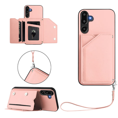 For Samsung Galaxy F16 5G / Galaxy M16 5G Case Card Holder Kickstand Skin-Touch Phone Cover with Wrist Strap
