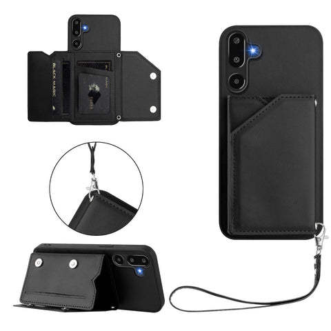 For Samsung Galaxy F16 5G / Galaxy M16 5G Case Card Holder Kickstand Skin-Touch Phone Cover with Wrist Strap