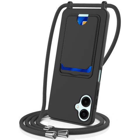 For Samsung Galaxy A06 5G Case Liquid Silicone Card Holder Back Phone Cover with Lanyard
