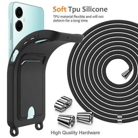 For Samsung Galaxy A06 5G Case Liquid Silicone Card Holder Back Phone Cover with Lanyard
