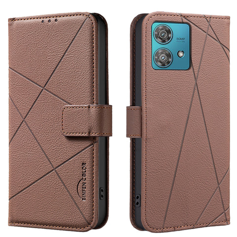 BINFEN COLOR For Motorola Edge 40 Neo 5G Case  BF35 Geometry Imprinted Leather Phone Cover RFID Blocking Wallet Stand