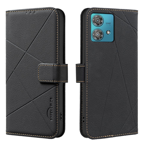 BINFEN COLOR For Motorola Edge 40 Neo 5G Case  BF35 Geometry Imprinted Leather Phone Cover RFID Blocking Wallet Stand