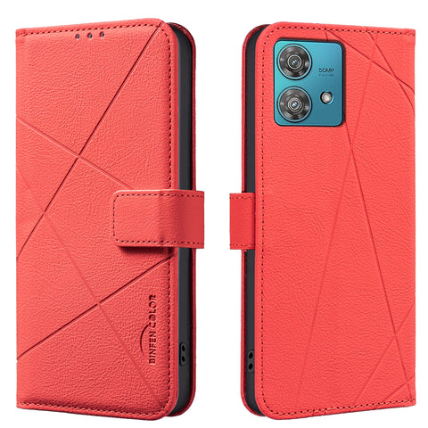 BINFEN COLOR For Motorola Edge 40 Neo 5G Case  BF35 Geometry Imprinted Leather Phone Cover RFID Blocking Wallet Stand