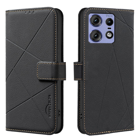 BINFEN COLOR For Motorola Edge 50 Pro 5G Case  BF35 Geometry Imprinted Leather Phone Cover RFID Blocking Wallet Stand