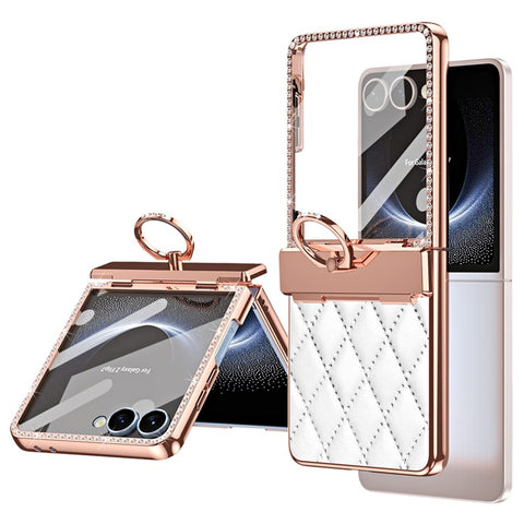 For Samsung Galaxy Z Flip7 5G Case Ring Holder Rhinestone Decor Leather + PC Cover with Rear Screen Film