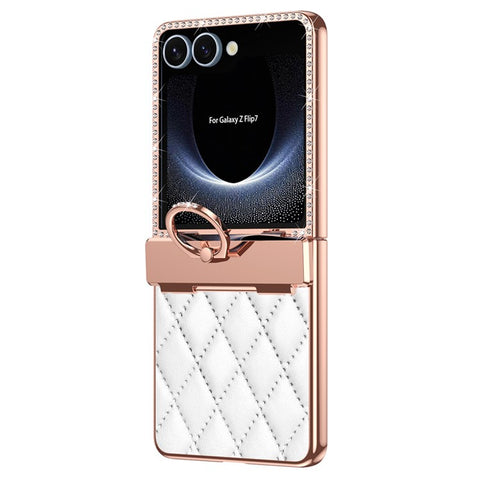 For Samsung Galaxy Z Flip7 5G Case Ring Holder Rhinestone Decor Leather + PC Cover with Rear Screen Film