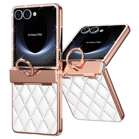 For Samsung Galaxy Z Flip7 5G Case Ring Holder Rhinestone Decor Leather + PC Cover with Rear Screen Film