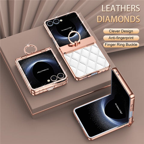 For Samsung Galaxy Z Flip7 5G Case Ring Holder Rhinestone Decor Leather + PC Cover with Rear Screen Film