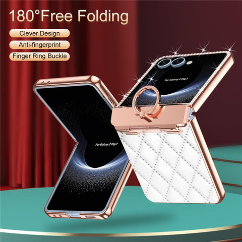 For Samsung Galaxy Z Flip7 5G Case Ring Holder Rhinestone Decor Leather + PC Cover with Rear Screen Film