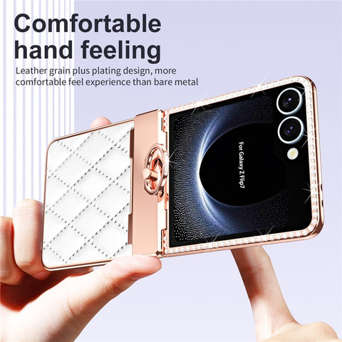 For Samsung Galaxy Z Flip7 5G Case Ring Holder Rhinestone Decor Leather + PC Cover with Rear Screen Film
