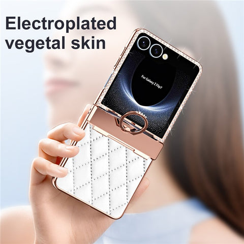For Samsung Galaxy Z Flip7 5G Case Ring Holder Rhinestone Decor Leather + PC Cover with Rear Screen Film