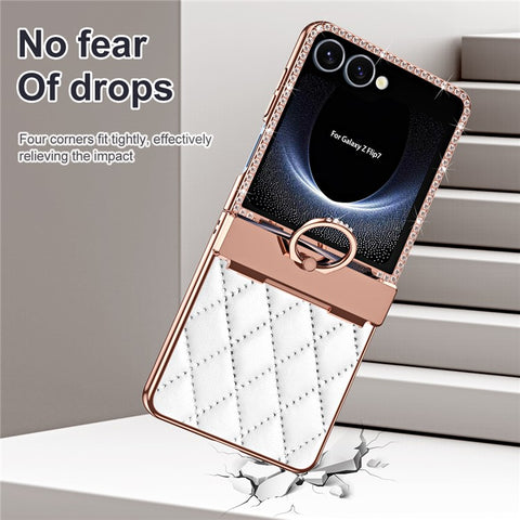 For Samsung Galaxy Z Flip7 5G Case Ring Holder Rhinestone Decor Leather + PC Cover with Rear Screen Film