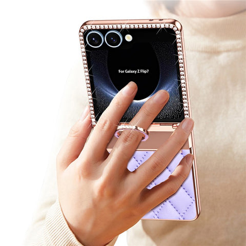 For Samsung Galaxy Z Flip7 5G Case Ring Holder Rhinestone Decor Leather + PC Cover with Rear Screen Film