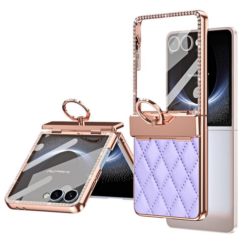 For Samsung Galaxy Z Flip7 5G Case Ring Holder Rhinestone Decor Leather + PC Cover with Rear Screen Film