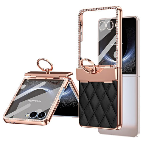 For Samsung Galaxy Z Flip7 5G Case Ring Holder Rhinestone Decor Leather + PC Cover with Rear Screen Film