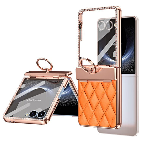 For Samsung Galaxy Z Flip7 5G Case Ring Holder Rhinestone Decor Leather + PC Cover with Rear Screen Film
