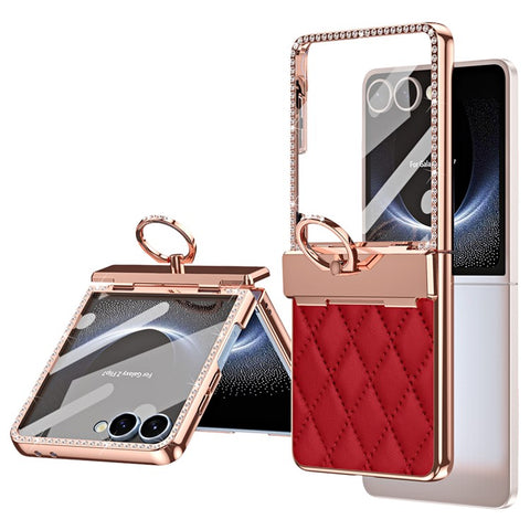 For Samsung Galaxy Z Flip7 5G Case Ring Holder Rhinestone Decor Leather + PC Cover with Rear Screen Film